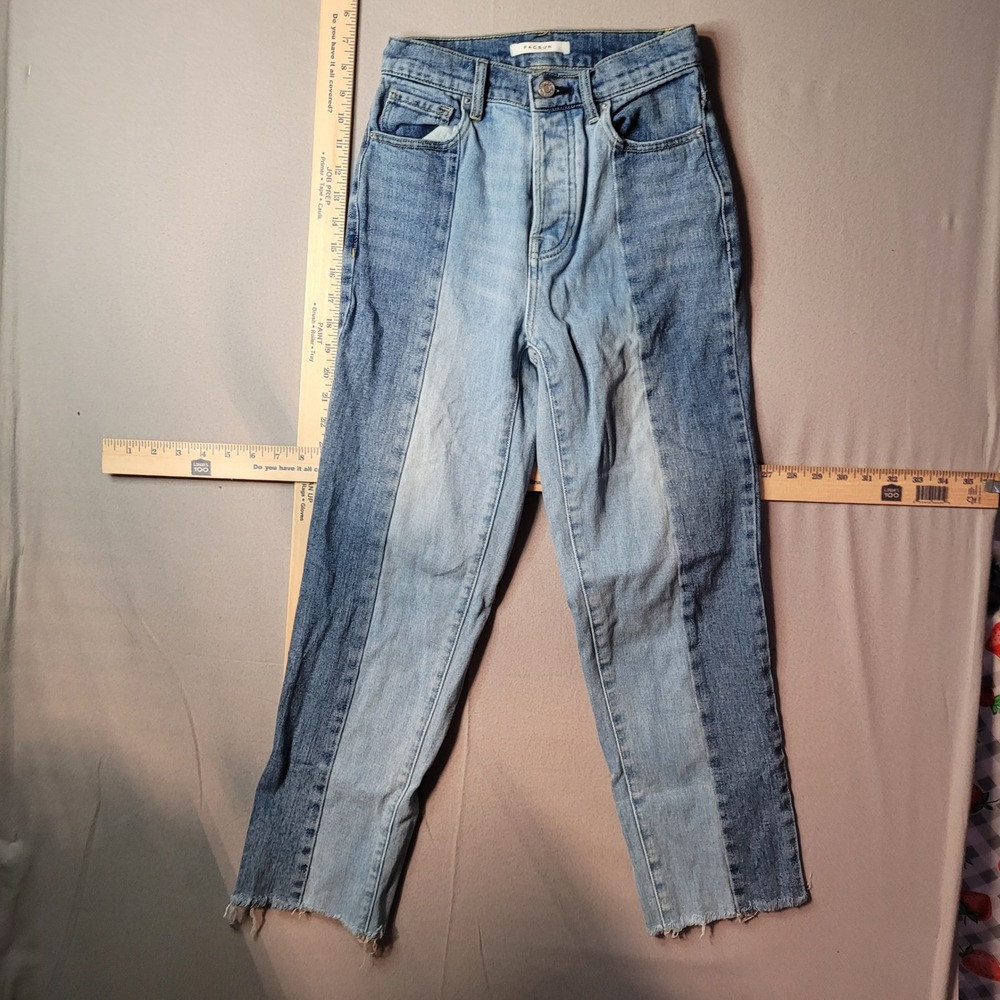 PacSun High Rise Straight Twoâ Tone Colorblock Jeans Blue Denim Raw Hem Size 23